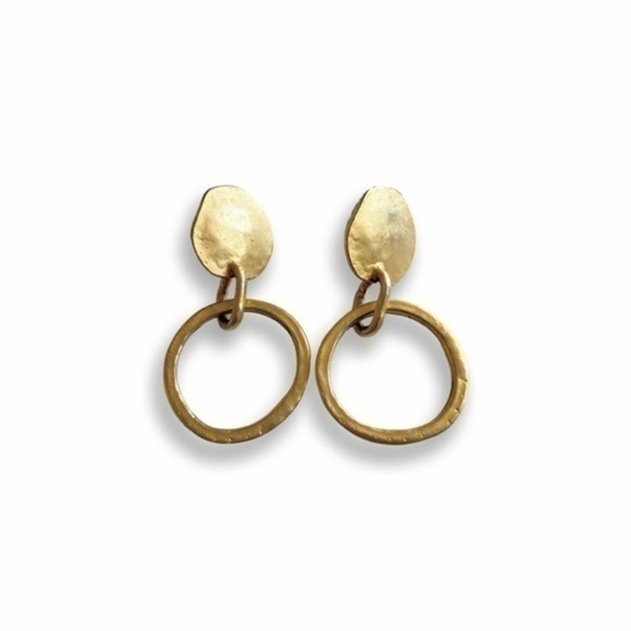 GOLDTONE Artisan Pierced Dangle Circle / Hoop Hammered Metal Earrings. - Picture 3 of 8